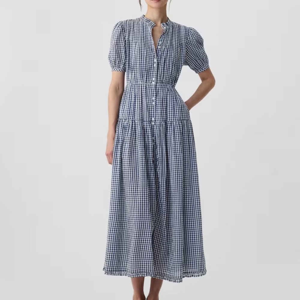 Gap x Doen Navy Blue Gingham Puff Sleeve Midi Dress